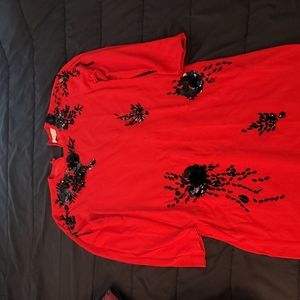 Red dress with black beading